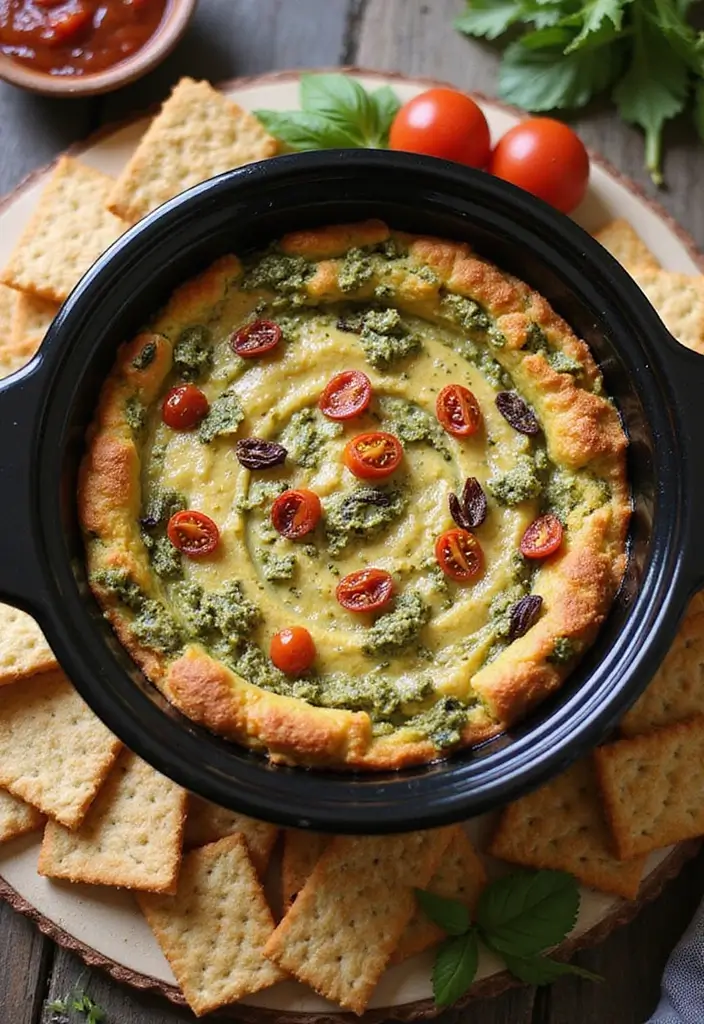 25 Creamy and Cheesy Crockpot Pizza Dip Recipes 57 25 Creamy and Cheesy Crockpot Pizza Dip Recipes - 9. Pesto Pizza Dip
