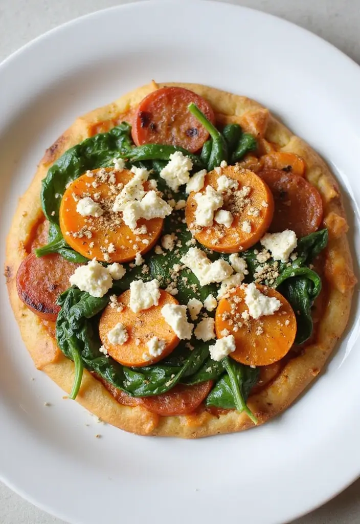 27 Colorful Homemade Pizza Recipes That Look as Good as They Taste - 3. Sweet Potato and Spinach Pizza