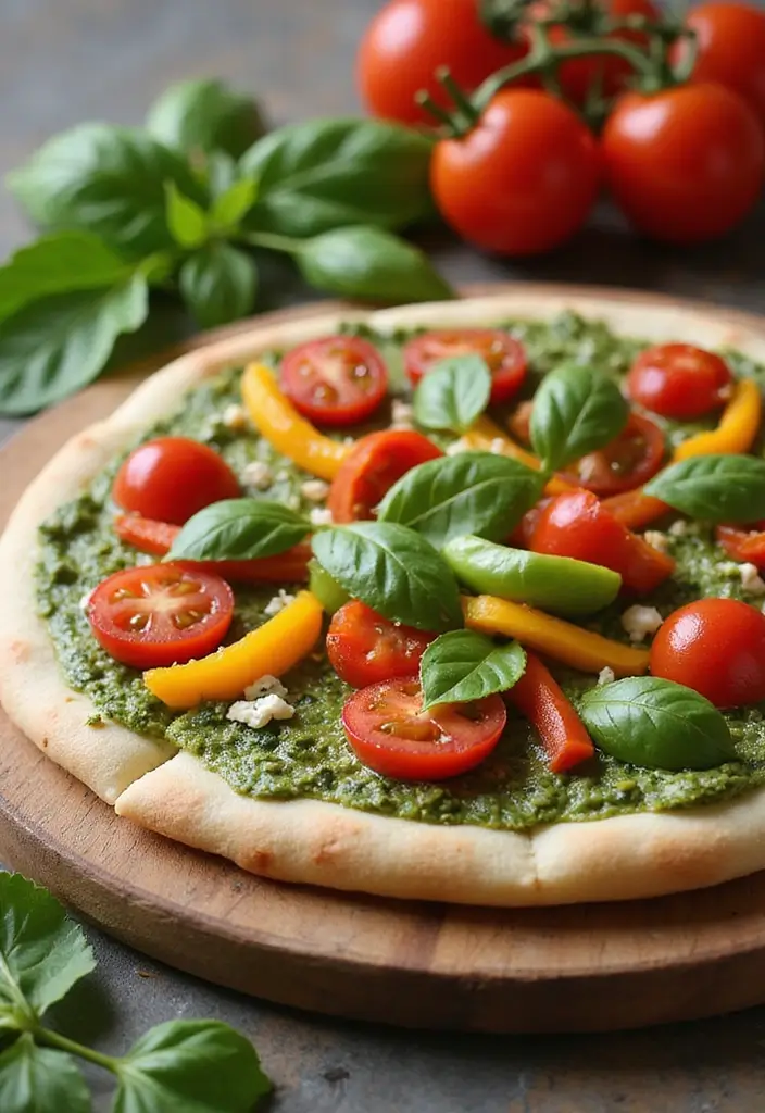 27 Colorful Homemade Pizza Recipes That Look as Good as They Taste - 4. Pesto Veggie Delight Pizza